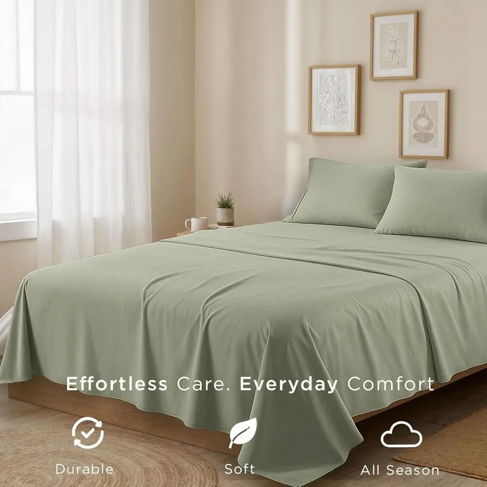 100% Cotton Twin Sheet Set Green 300TC Sateen Weave 3 Piece Soft Bedding